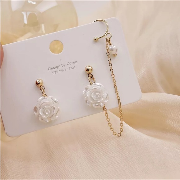 Sweet White Rose Earrings With Attached Ear Cuff - Picture 2 of 7